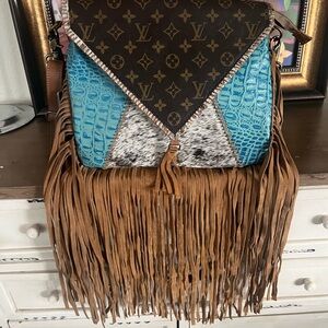 Brown and Blue Designer Fringe Bag